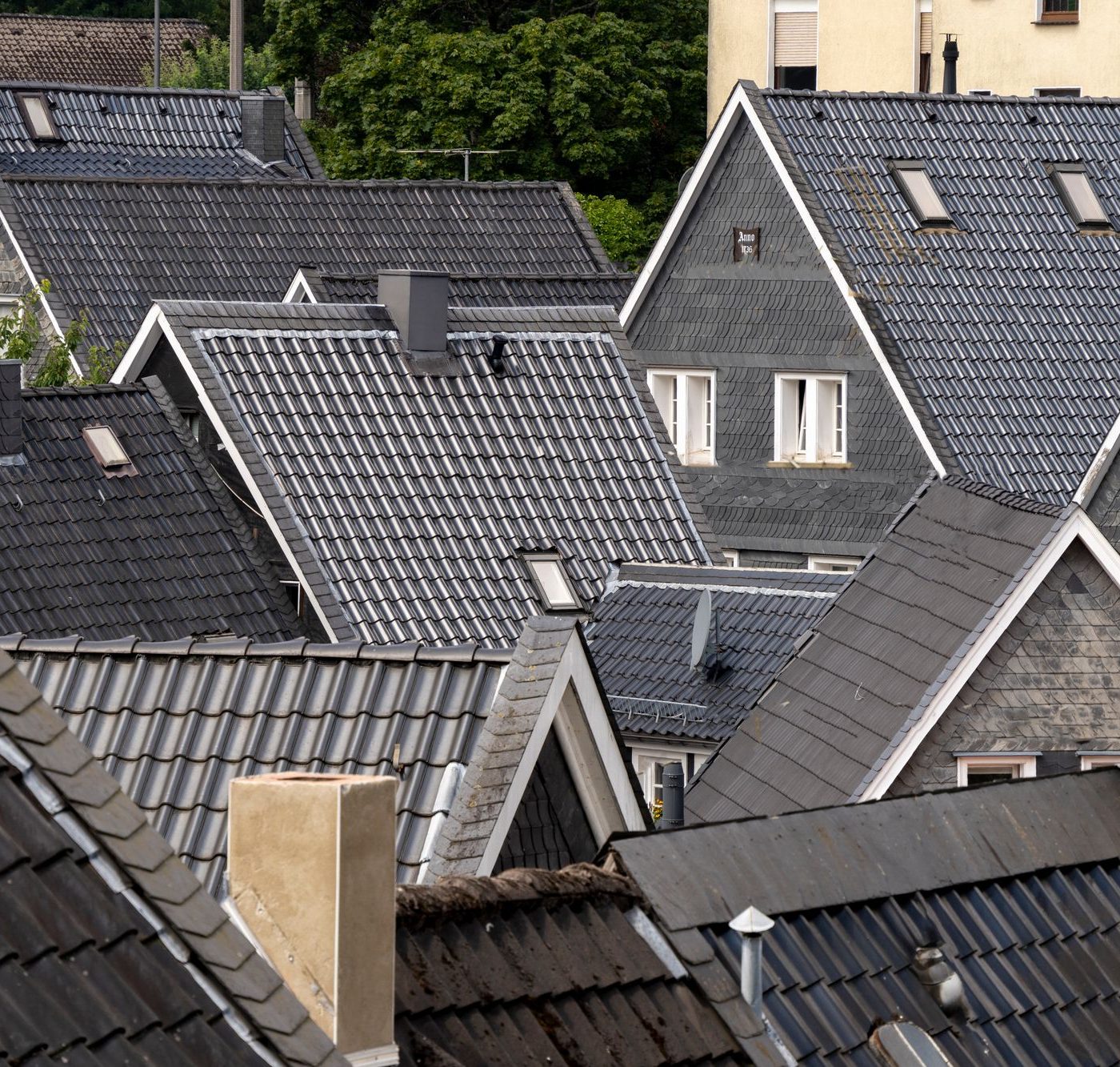 Dichtes Meer aus dunklen Schieferdächern über einer Altstadt